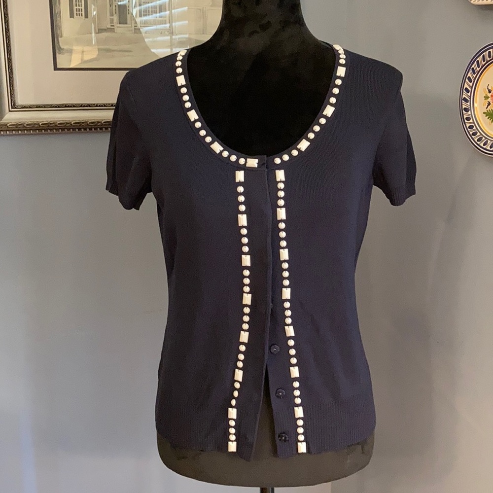 LOFT Navy and White Beaded Cardigan